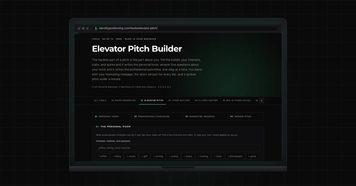A laptop showing the Elevator Pitch Builder, one of twelve free tools in the Identity Positioning™ Toolkit.