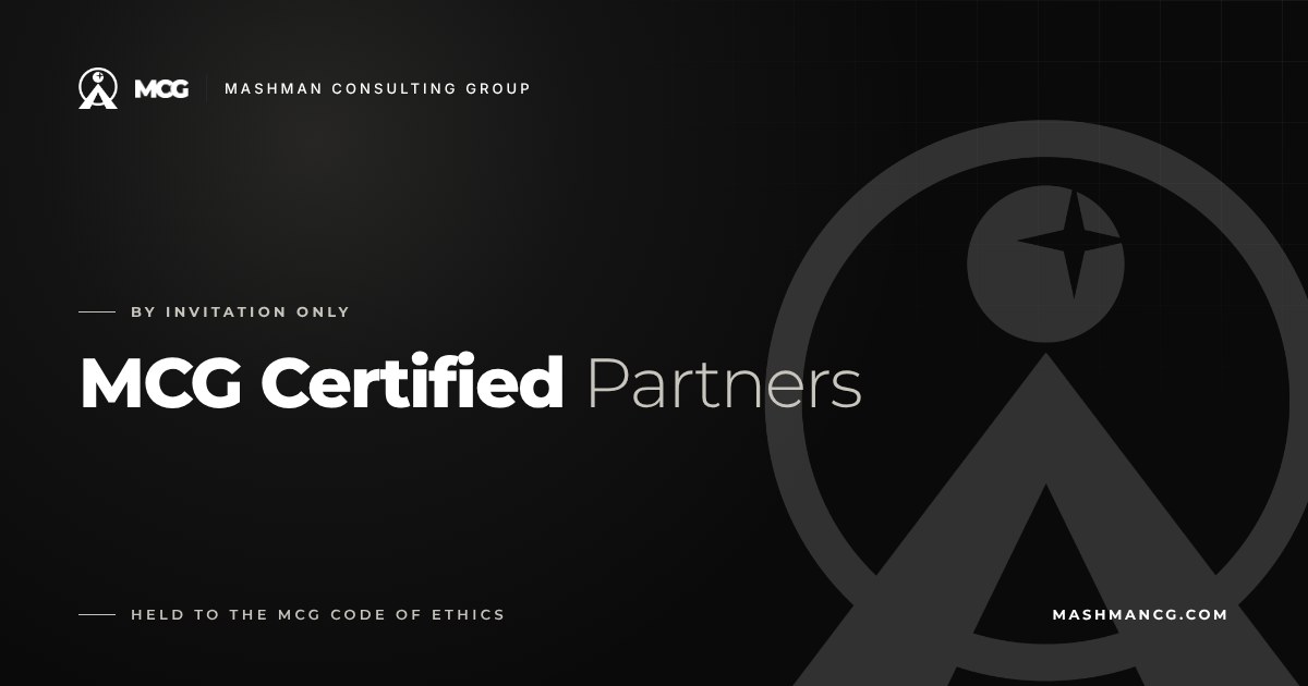 Mashman Consulting Group card reading MCG Certified Partners, By Invitation Only, with the MCG mark