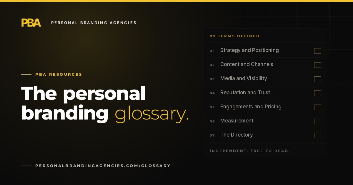 The Personal Branding Glossary on Personal Branding Agencies: 89 terms in seven groups, from Strategy and Positioning to The Directory