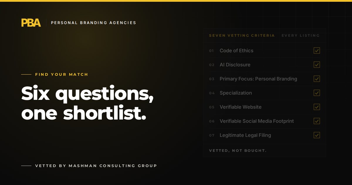 Find Your Match on Personal Branding Agencies: six questions, one shortlist, beside the seven vetting criteria every listing meets