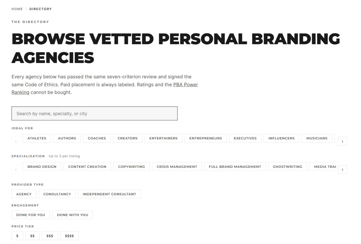 Personal Branding Agencies directory browse page with search bar and filters for ideal client, specialization, provider type, engagement, and price tier
