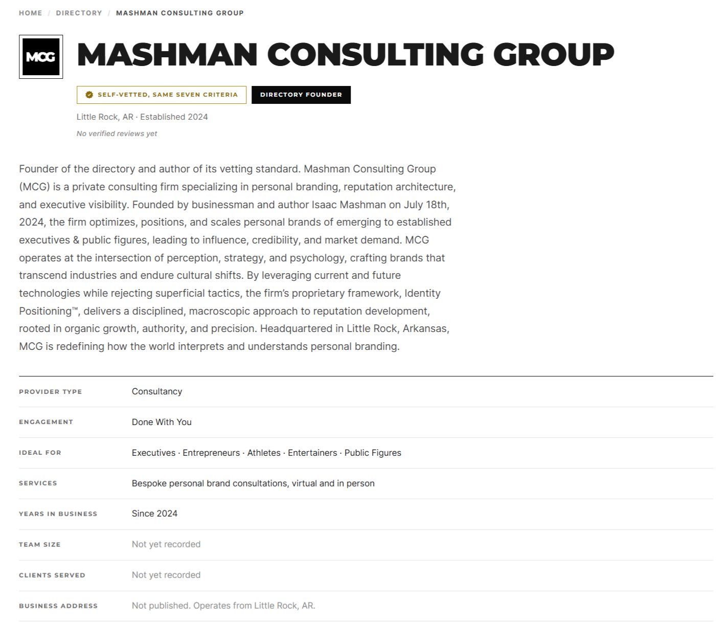 Example Personal Branding Agencies directory listing page for Mashman Consulting Group, showing provider type, engagement model, and ideal client fit
