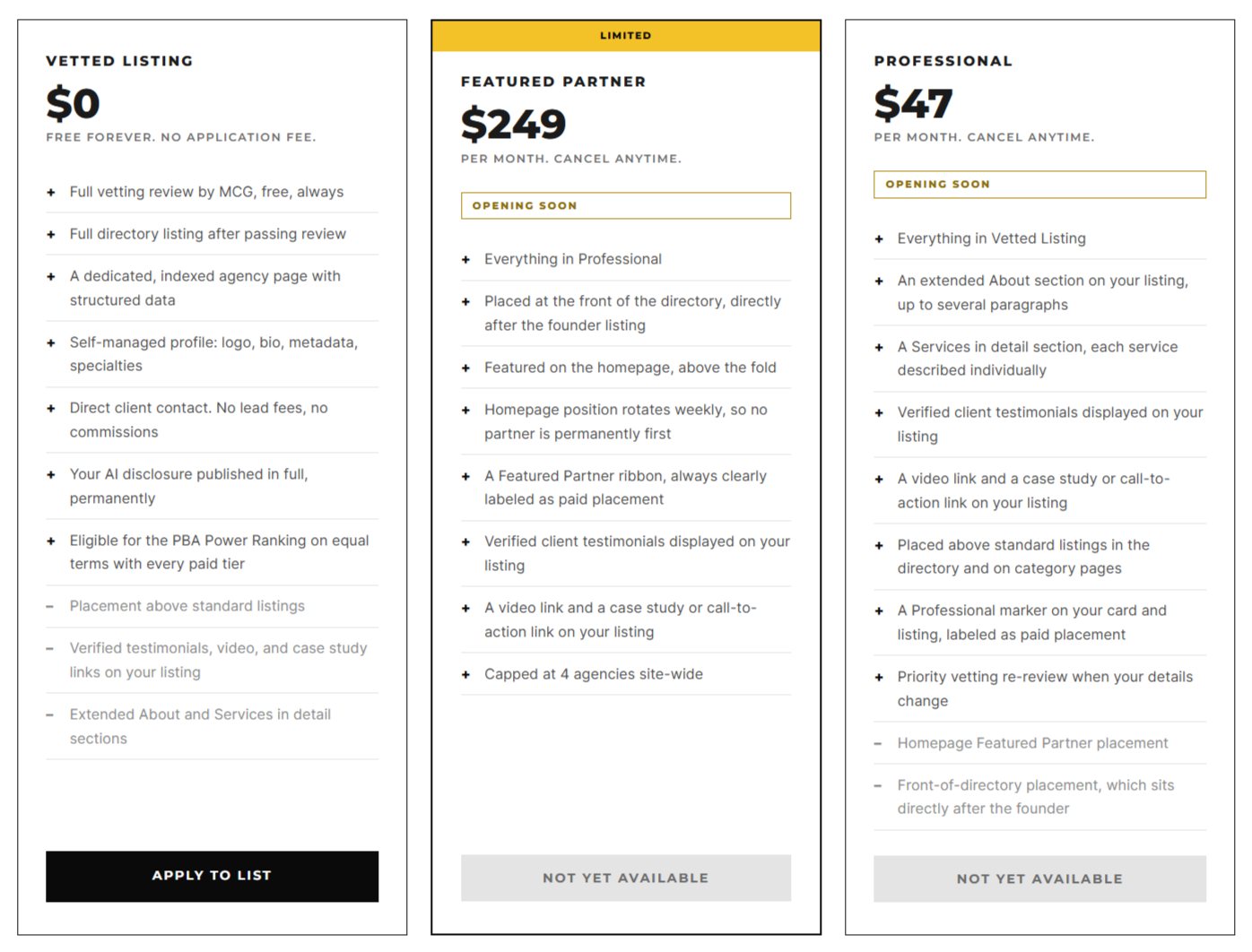 Personal Branding Agencies pricing comparison: free Vetted Listing, Featured Partner at $249 per month, and Professional at $47 per month