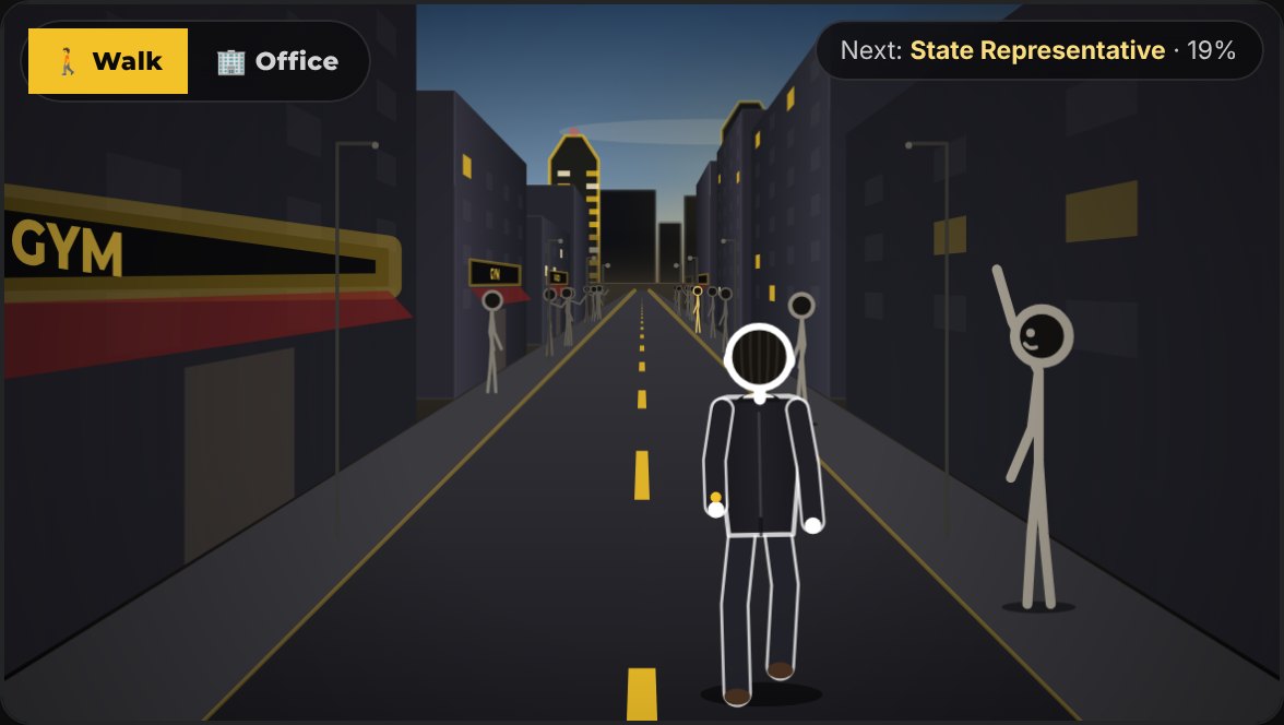 Identity Quest: the player, seen from behind in a blazer, walks a gold-lined road toward Brand City while followers line the street and cheer