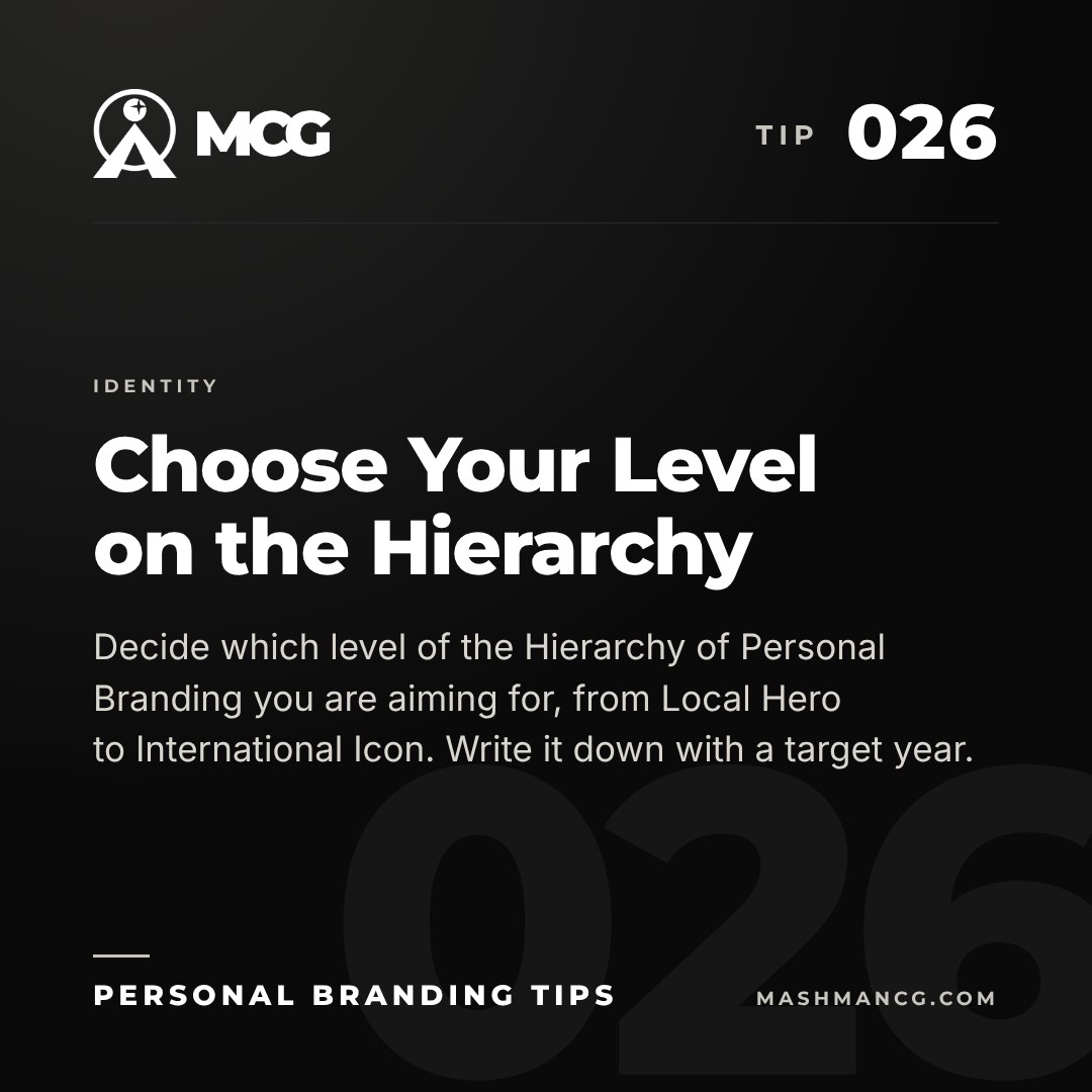 Personal Branding Tip 026 from Mashman Consulting Group: Choose Your Level on the Hierarchy. Decide which level of the Hierarchy of Personal Branding you are aiming for, from Local Hero to International Icon. Write it down with a target year.