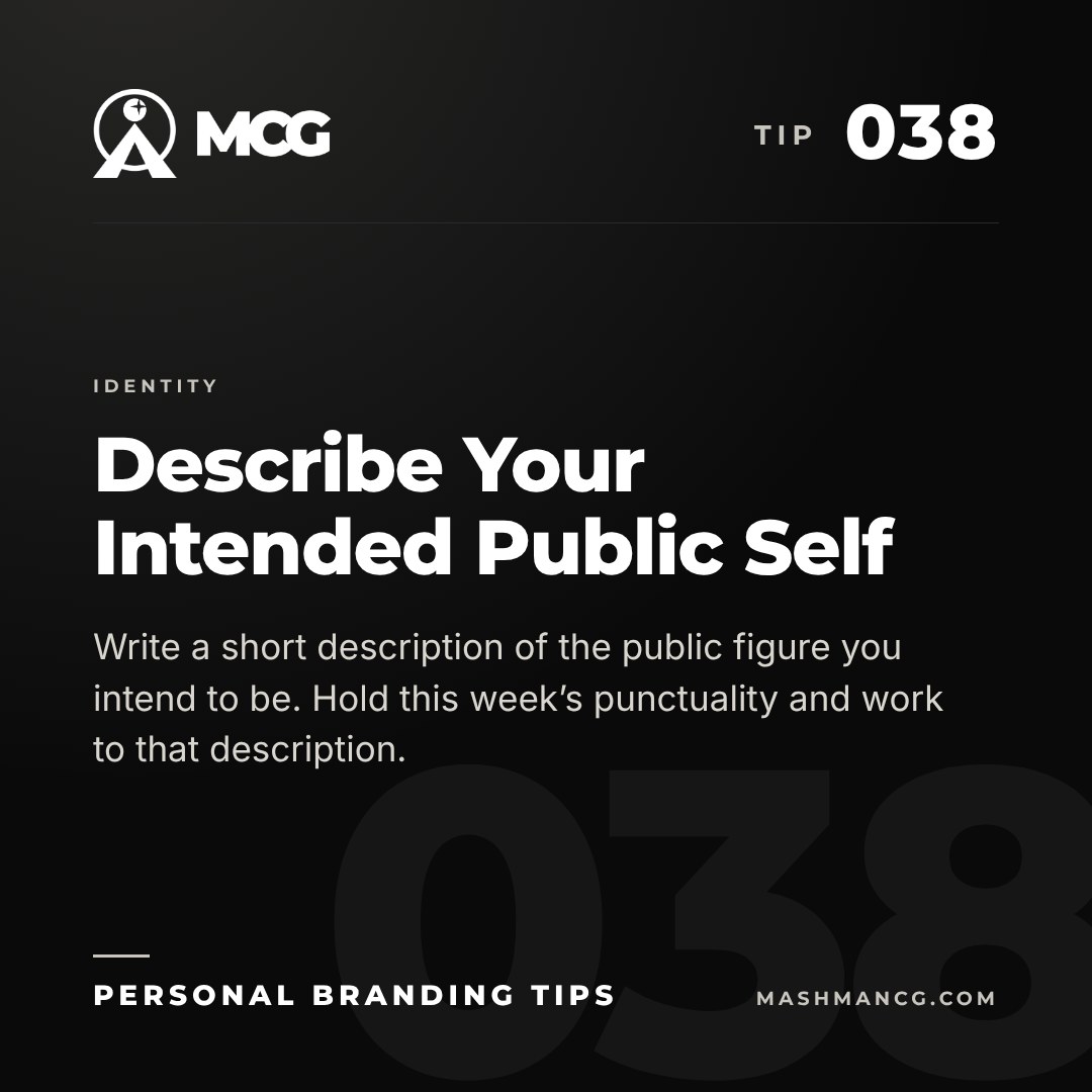 Personal Branding Tip 038 from Mashman Consulting Group: Describe Your Intended Public Self. Write a short description of the public figure you intend to be. Hold this week’s punctuality and work to that description.