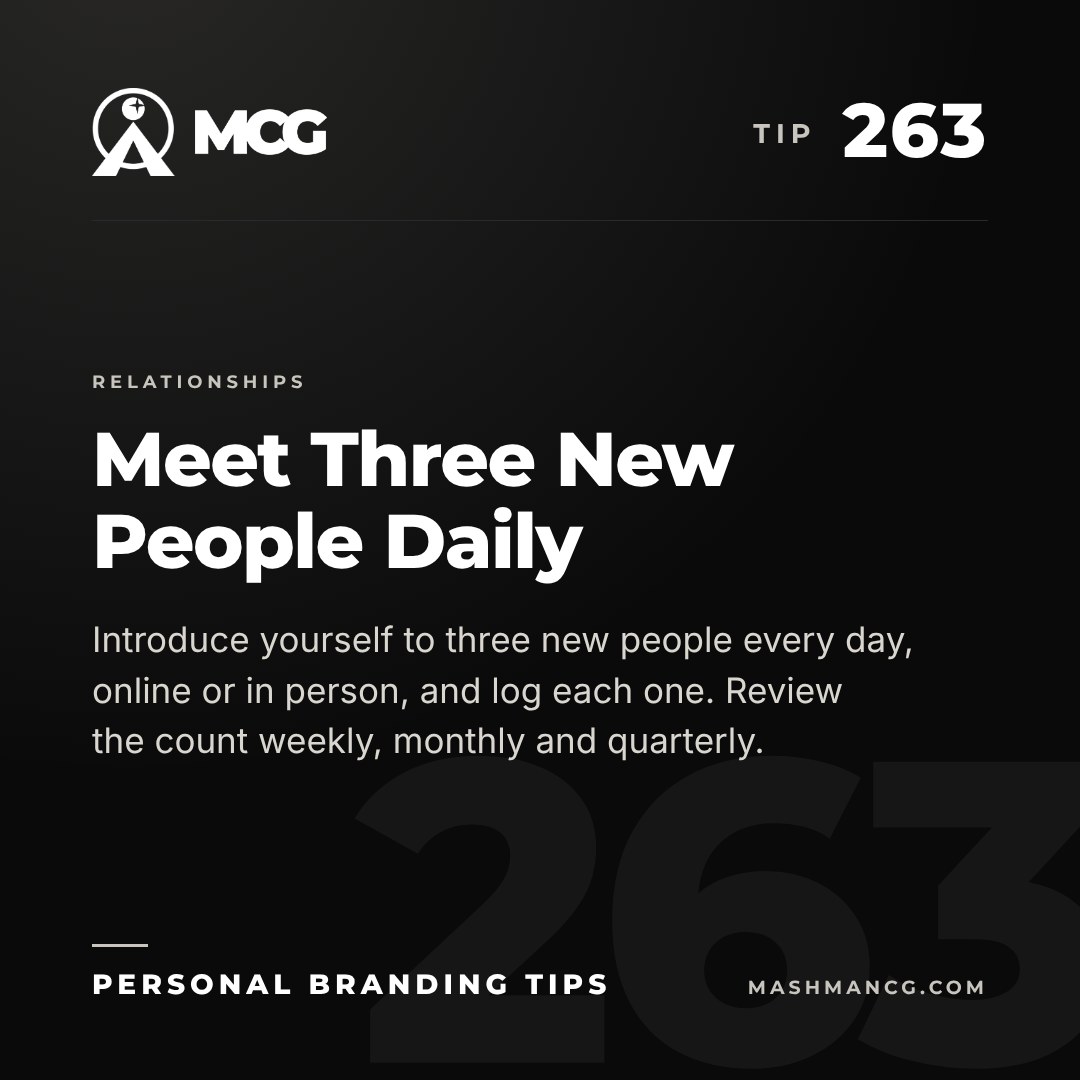Personal Branding Tip 263 from Mashman Consulting Group: Meet Three New People Daily. Introduce yourself to three new people every day, online or in person, and log each one. Review the count weekly, monthly and quarterly.