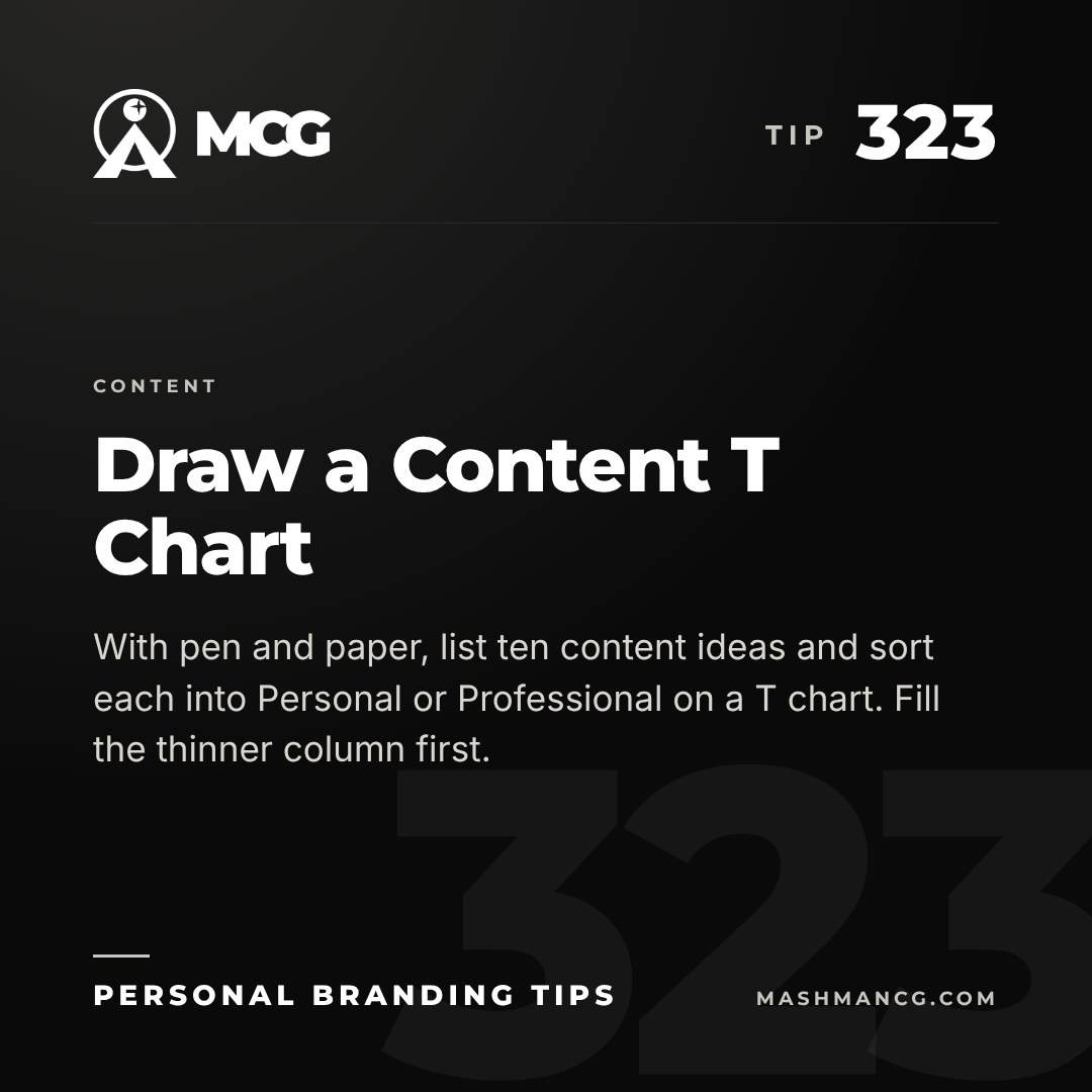 Personal Branding Tip 323 from Mashman Consulting Group: Draw a Content T Chart. With pen and paper, list ten content ideas and sort each into Personal or Professional on a T chart. Fill the thinner column first.