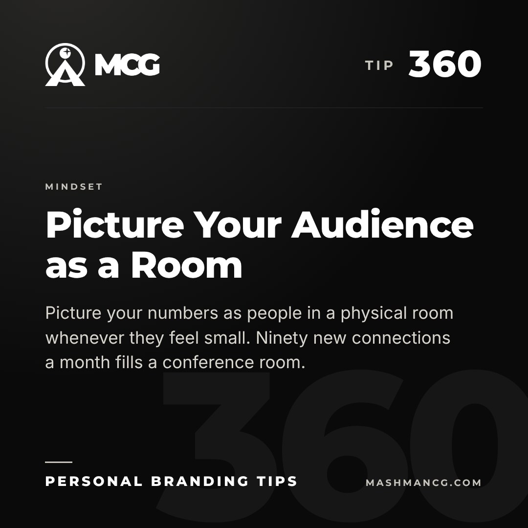 Personal Branding Tip 360 from Mashman Consulting Group: Picture Your Audience as a Room. Picture your numbers as people in a physical room whenever they feel small. Ninety new connections a month fills a conference room.